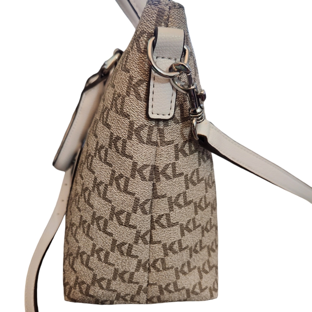 Karl Lagerfeld Leather Beige Monogrammed with White Trim Hand bag Crossbody NWT - Picture 6 of 11